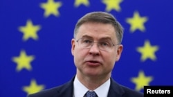 FILE - European Commission Executive Vice President Valdis Dombrovskis, shown here in Strasbourg, France, on June 13, 2023, said on Nov. 21 that a review of development aid to Palestinians found no evidence that any of the money found its way to the Hamas militant group.