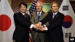 U.S. Secretary of Defense Chuck Hagel (C) poses with Japan's Defense Minister Itsunori Onodera (L) and South Korean Defense Minister Kim Kwan-jin (R) before their trilateral meeting on the sidelines of the International Institute for Strategic Studies Sha