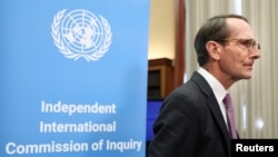 烏克蘭問題獨立國際調查委員會主席埃里克·莫斯於2022年9月23日在瑞士日內瓦舉行的聯合國新聞發布會後接受採訪。（路透社圖片）
