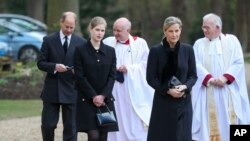 Britain's Prince Edward, Sophie Countess of Wessex and their daughter Lady Louise Windsor, attend the Sunday service at the Royal Chapel of All Saints, following the death of Prince Philip, at Royal Lodge, Windsor, April 11, 2021. 