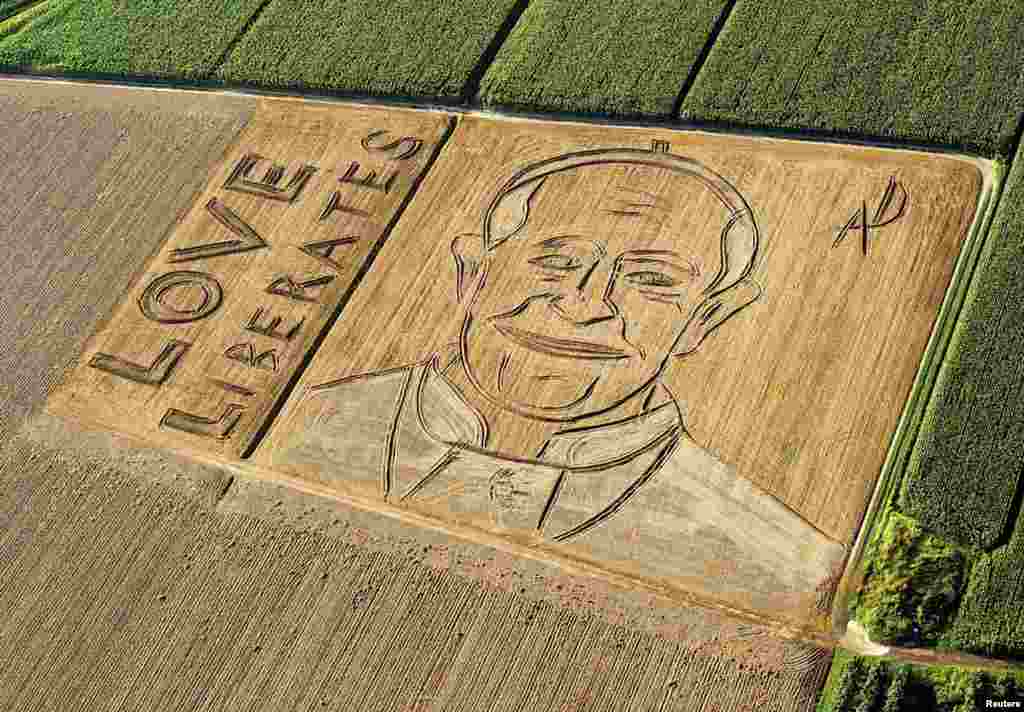 An aerial view of the image of Pope Francis by Italian artist Dario Gambarin is seen in a threshed wheat field in Castagnaro, near Verona, Italy. Gambarin used a tractor with a plow and a harrow to create the image on a 25,000 square-meter field.