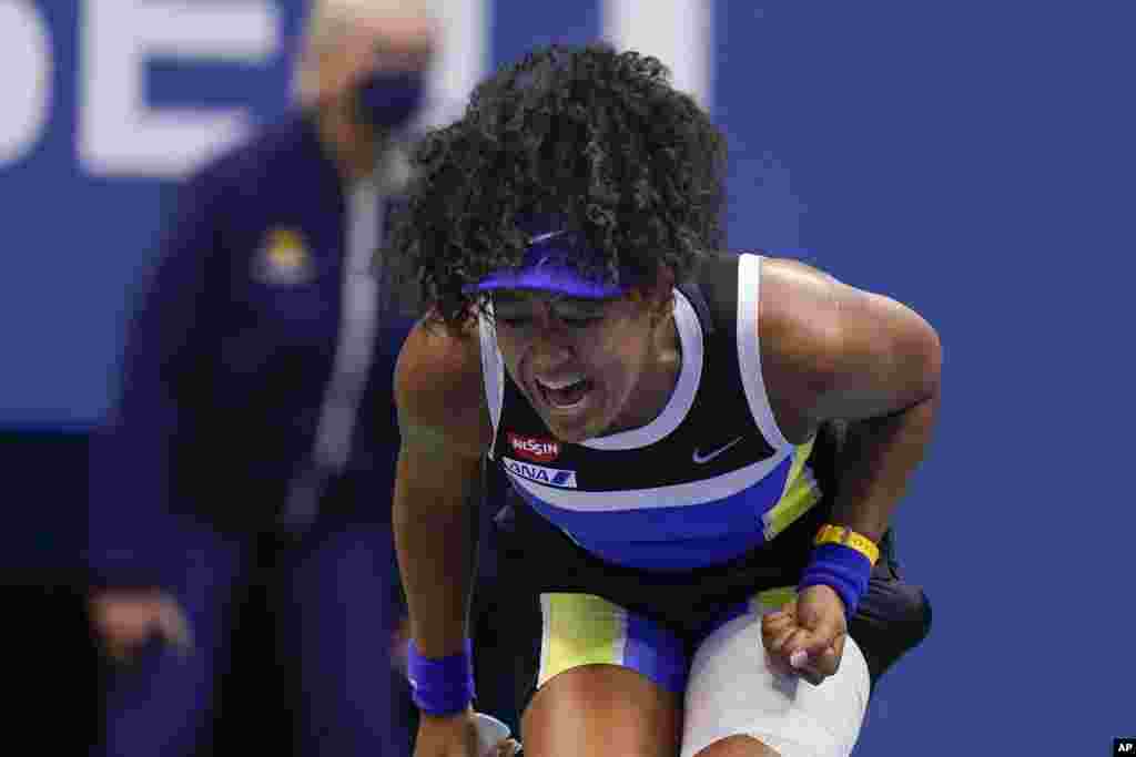 Naomi Osaka of Japan reacts during the women&#39;s singles final against Victoria Azarenka of Belarus during the U.S. Open tennis championships, Sept. 12, 2020, in New York.