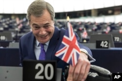 FILE - Britain's former UKIP leader Nigel Farage attends a session at the European Parliament in Strasbourg, eastern France, Wednesday, April 5, 2017.