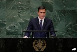 Prime Minister of Spain Pedro Sanchez addresses the 73rd session of the United Nations General Assembly, Sept. 27, 2018, at the United Nations headquarters in New York.