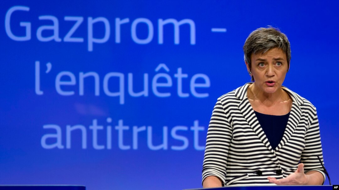 European Commissioner for Competition Margrethe Vestager speaks during a media conference at EU headquarters in Brussels, April 22, 2015.