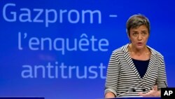 European Commissioner for Competition Margrethe Vestager speaks during a media conference at EU headquarters in Brussels, April 22, 2015.