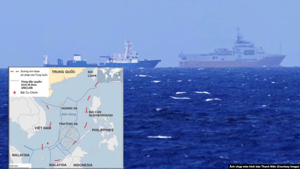 Ảnh tư liệu về tàu hải cảnh Trung Quốc và bản đồ khu vực Bãi Tư Chính trên Biển Đông. (Ảnh chụp màn hình Thanh Niên)