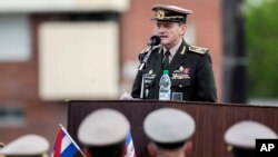 FILE - Uruguay's commander-in-chief of the army Guido Manini Rios speaks during a ceremony honoring independence war hero Joaquin Lencinas, also known as "Ansina" in Montevideo, Uruguay, Oct. 29, 2018.