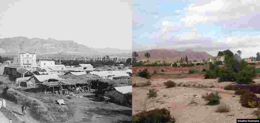 View from a distance: Jericho, West Bank (L) By American Colony (Jerusalem) Photo Dept., photographer, ca. 1900-1920. Library of Congress (R) "Jericho, City of the Moon, City of Stars," 5 December 2012, Creative Commons/Deror Avi.