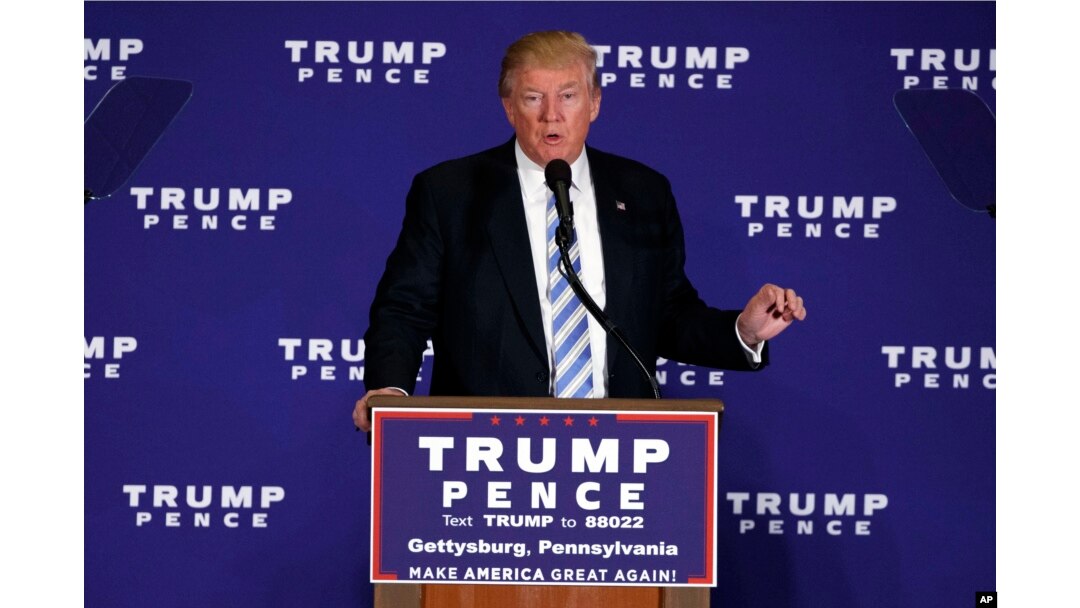 Republican presidential nominee Donald Trump speaks during a campaign event in Gettysburg, Pa., Oct. 22, 2016.