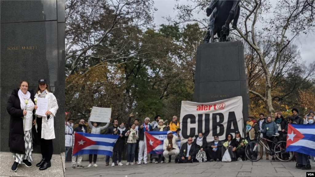 La cuenta de Twitter de la organización @AtRiskArtists compartió imágenes de la manifestación de apoyo al 15N en Nueva York.&nbsp;Entre los manifestantes se encontraba la artista y activista cubana Tania Bruguera.
