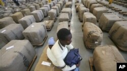 Zimbabwean farmer Chipo Chisya with her baby waits to sell her tobacco in Harare, Zimbabwe, 7 May 2009 (file photo)