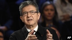 Far-left presidential candidate for the presidential election Jean-Luc Melenchon attends a television debate at French private TV channels BFM TV and CNews, in La Plaine-Saint-Denis, outside Paris, France, April 4, 2017. 