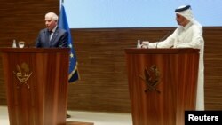 FILE —European Union's High Representative for Foreign Affairs and Security Policy Josep Borrell and Qatar's Prime Minister and Foreign Minister Sheikh Mohammed Bin Abdulrahman al-Thani attend a joint press conference in Doha, Qatar, November 19, 2023.