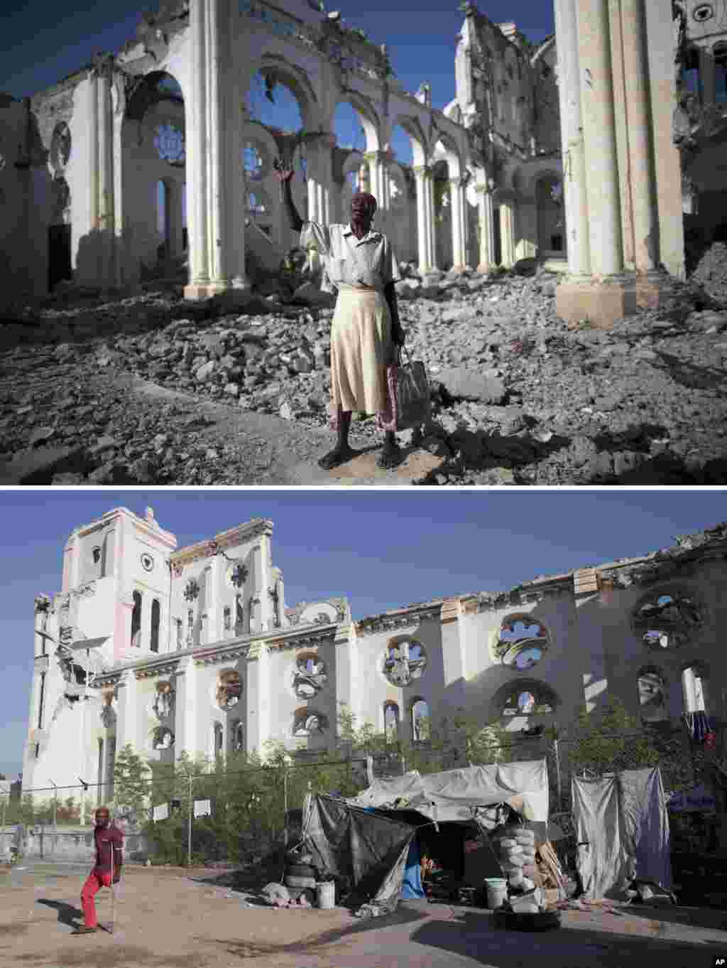 FILE - At top, Jan. 12, 2010, Marie La Jesula Joseph praying outside the Cathedral the day it was destroyed by a 7.0 earthquake that struck Port-au-Prince, Haiti; below, five years later, Jan. 10, 2105, shows the structure still in disrepair. 