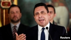 Venezuelan Foreign Minister Samuel Moncada talks to the media during a news conference in Caracas, Venezuela, July 18, 2017. 