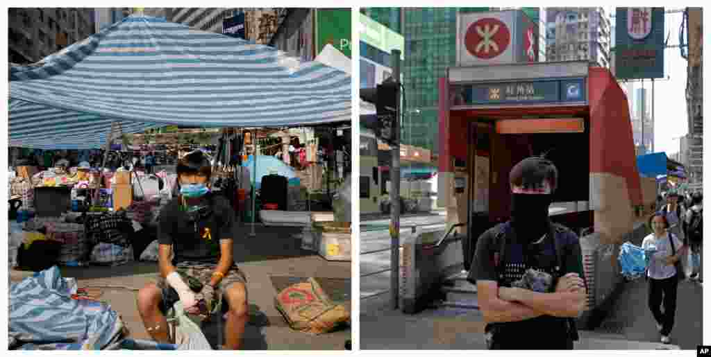 This combination image shows Mo, 22, an accountant, (l) in front of a makeshift tent on a main road in an occupied area in Hong Kong&#39;s Causeway Bay district on Oct. 14, 2014, (r) Sept. 25, 2015.