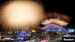 Fireworks are seen over the Olympic Park during the opening ceremony of the Sochi 2014 Winter Olympics, February 7, 2014. 