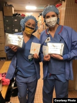 Medical workers at a health service in the state of Massachusetts receive a mask donation from the Andover Islamic Center.  (Photo courtesy: Andover Islamic Center)