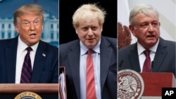 This combination photo shows U.S. President Donald J. Trump, from left, British Prime Minister Boris Johnson, Mexican President Andres Manuel Lopez Obrador and Brazil's President Jair Bolsonaro.