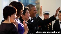 美国总统奥巴马和夫人，日本首相安倍和夫人出席白宫国宴（2015年4月28日）