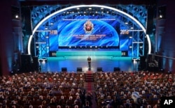 President Vladimir Putin addresses a meeting with officers of Russia's military intelligence, GRU, in Moscow, Nov. 2, 2018.