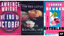 This combination of photos shows, from left, "The End of October," by Lawrence Wright, "The Red Lotus," by Chris Bohjalian and "Afterland" by Lauren Beukes. (Knopf, from left, Doubleday, Mulholland Books via AP)