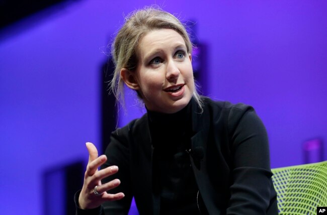 FILE - Elizabeth Holmes, founder and CEO of Theranos, speaks at the Fortune Global Forum in San Francisco, Nov. 2, 2015.