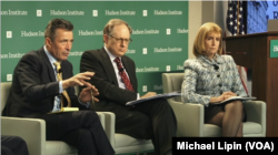 Former NATO Secretary General Anders Fogh Rasmussen (left) and former NATO Deputy Secretary General Alexander Vershbow (center) participate in a Hudson Institute forum in Washington, March 30, 2017.