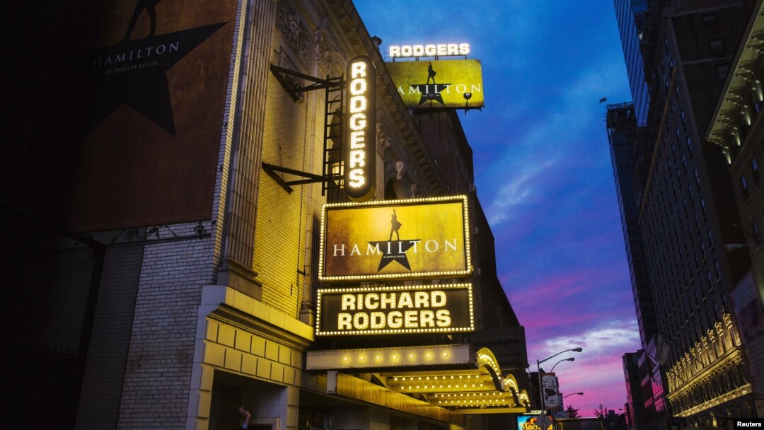 A marquee is lit up on the opening night of the musical play "Hamilton," on Broadway in New York, Aug. 6, 2015. 