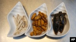 From left to right, bamboo worms, silkworms and giant water beetles are some of the ingredients used at Insects in the Backyard restaurant, in Bangkok, Thailand, Sept. 12, 2017.