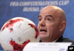 FIFA President Gianni Infantino speaks during a news conference at the St. Petersburg Stadium, Russia, July 1, 2017. Chile lost to Germany in the Confederations Cup final.