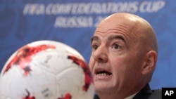 FIFA President Gianni Infantino speaks during a news conference at the St. Petersburg Stadium, Russia, July 1, 2017. Chile lost to Germany in the Confederations Cup final.