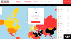 A screen capture from Reporters Without Borders' 2019 World Press Freedom Index, showing Estonia in 11th place.