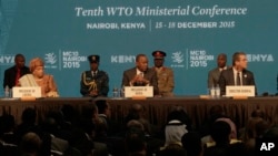 Director General of the World Trade Organisation, Roberto Carvalho, right, the Liberian President, Johnson Sirleaf, left, and Kenyan President, Uhuru Kenyatta, center, during the official opening of the Tenth WTO Ministerial Conference in Nairobi, Kenya, Dec. 15, 2015.