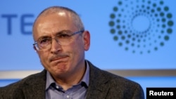 FILE - Former Russian tycoon Mikhail Khodorkovsky speaks during a Reuters Newsmaker event at Canary Wharf in London, Nov. 26, 2015. 