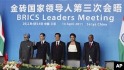 左起：印度总理，俄罗斯总统，中国主席，巴西总统，南非总统
