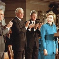 Hillary Rodham Clinton speaks about her health care plan at the Capitol building in 1993