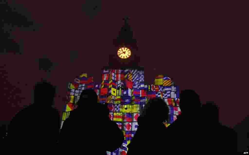 The Liver Building in Liverpool is illuminated during a light show as part of the 175th anniversary celebrations of the Cunard Line.