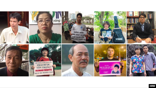 Những nhà hoạt động dân chủ nhân quyền và đất đai - trong đó có nhà báo Phạm Chí Dũng (trên, thứ nhất từ trái), nhà báo Phạm Đoan Trang (trên, thứ 2 từ phải) và hai mẹ con Cấn Thị Thuê và Trịnh Bá Phương, bị kết án trong năm 2021.