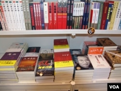 香港书展中一个书架左上角有《立此存照：500位中国人的心灵记录》（美国之音丁力拍摄）