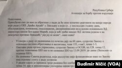 Deo stranice dopisa koji su pojedini članovi rukovodstva Osnovne škole "Braća Aksić" poslali Agenciji za borbu protiv korupcije