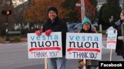 Vesna Nuon with his daughter during a campaign for the city council election. On Nov 7, Nuon gathered the largest votes and was elected to the city council. (Facebook of Vesna Nuon for City Council)