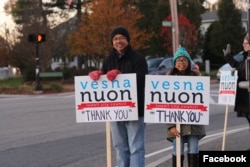 Vesna Nuon with his daughter during a campaign for the city council election. On Nov 7, Nuon gathered the largest votes and was elected to the city council. (Facebook of Vesna Nuon for City Council)