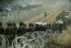 Tentara dan polisi Polandia mengawasi para migran di perbatasan Polandia/Belarus dekat Kuznica, Polandia, dalam foto yang dirilis oleh Pasukan Pertahanan Teritorial, 12 November 2021. (REUTERS)