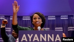 Democratic candidate for U.S. House of Representatives Ayanna Pressley speaks after winning the Democratic primary in Boston, Massachusetts, Sept. 4, 2018. 