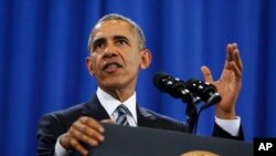 Presiden Barack Obama saat berpidato di Pangkalan Angkatan Udara AS, MacDill di Tampa, Florida, 6 Desember 2016. (Monica Herndon/Tampa Bay Times via AP)