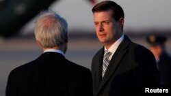 White House Staff Secretary Rob Porter arrives with U.S. President Donald Trump and first lady Melania Trump aboard Air Force One at Joint Base Andrews, Maryland, U.S. Feb. 5, 2018.