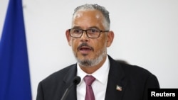 (FILE) Haitian Prime Minister Alix Didier Fils-Aime addresses the audience after taking office as the nation's new interim leader, in Port-au-Prince, Haiti November 11, 2024. 