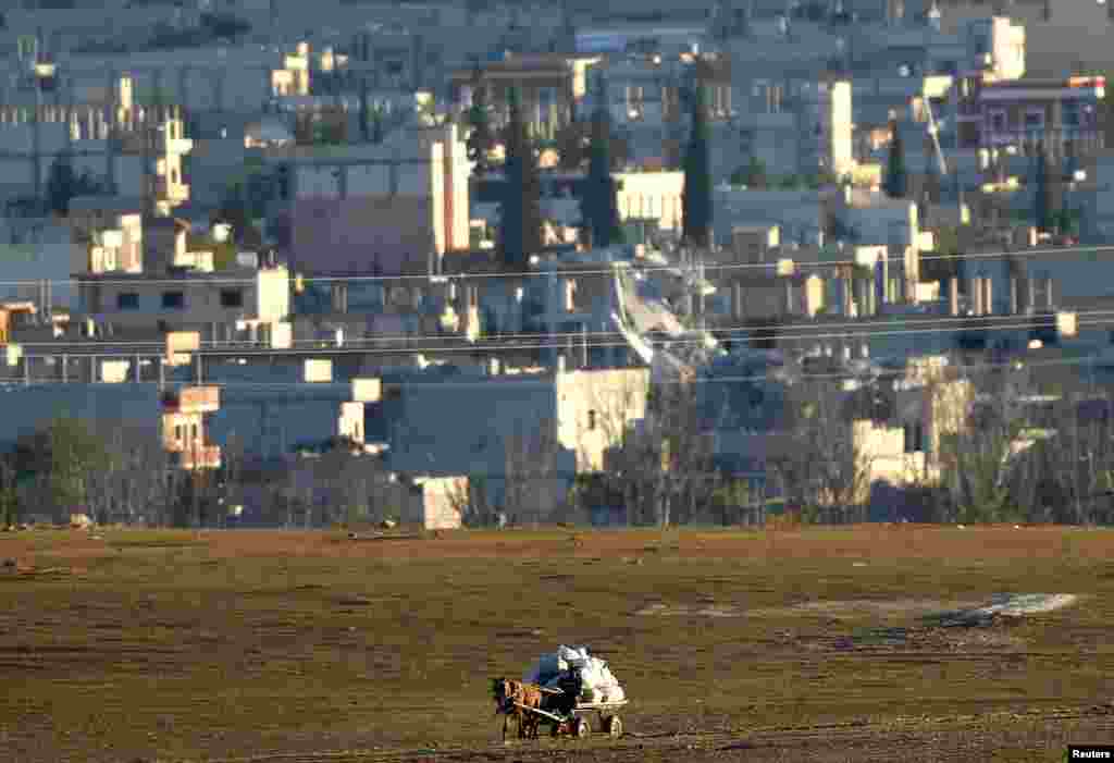 A Kurdish farmer is seen riding his horse-drawn cart close to the Syrian town of Kobani during fighting between Islamic state militants and Kurdish fighters, near the Turkey-Syria border, Nov. 6, 2014. 